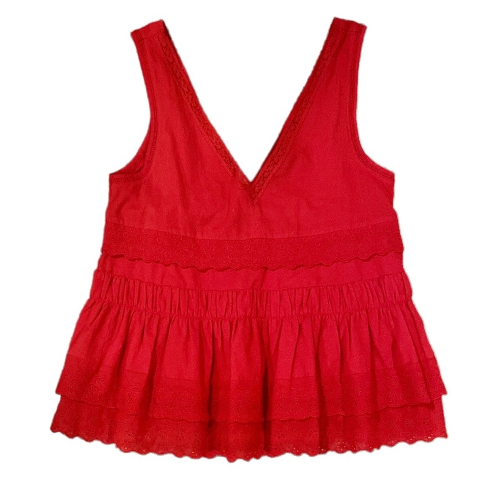 The Kooples Sport Red Sleeveless Layered Ruffled Eyelet Top Paris France 1 S